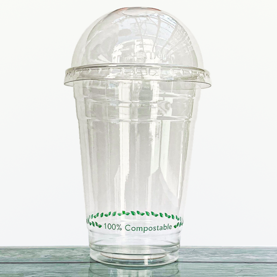 VASO PLA transparente 16 OZ con tapa flat x 100 unidades - Naturpak.  Envases descartables biodegradables